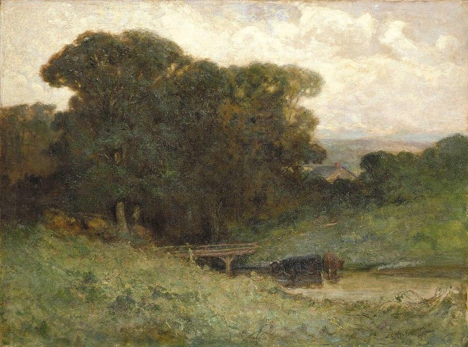 Edward Mitchell Bannister forest scene with bridge, cows in stream in foreground